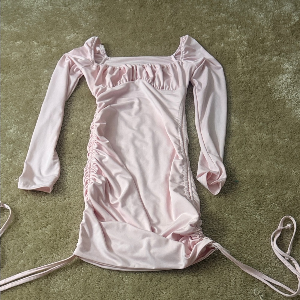 Pink Long Sleeve Ruched Dress